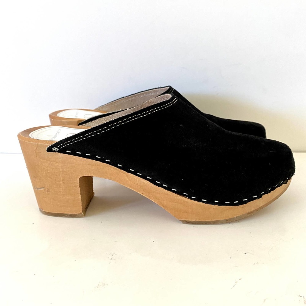 Chic Black Suede Mules with Wooden Heel